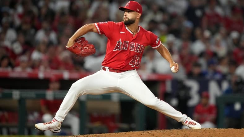 Jul 18, 2023; Anaheim, California, USA; Los Angeles Angels starting pitcher Patrick Sandoval (43) throws against the New York Yankees in the seventh inning at Angel Stadium. Mandatory Credit: Kirby Lee-USA TODAY Sports