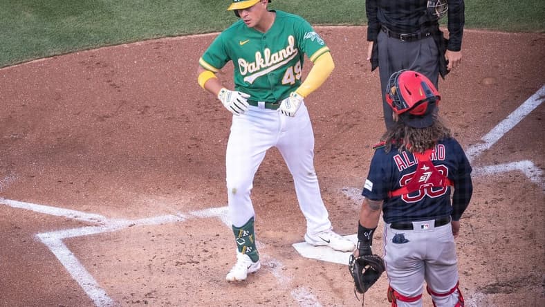 Jul 18, 2023; Oakland, California, USA; Oakland Athletics first baseman Ryan Noda (49) crosses home plate after hitting a home run during the second inning at Oakland-Alameda County Coliseum. Mandatory Credit: Ed Szczepanski-USA TODAY Sports