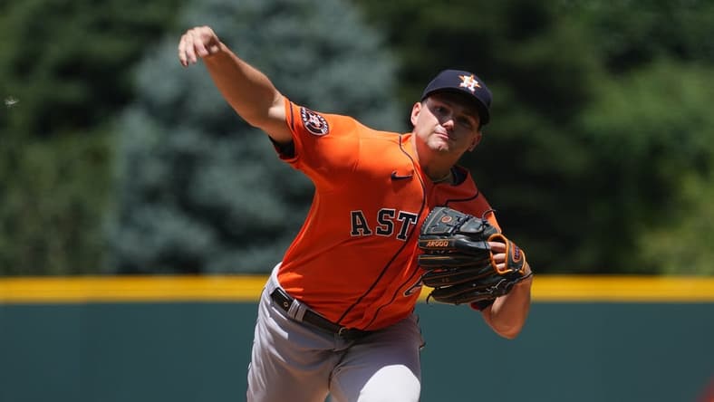 Jul 19, 2023; Denver, Colorado, USA; Houston Astros starting pitcher Brandon Bielak (64) delivers a pitch in the first inning against the Colorado Rockies at Coors Field. Mandatory Credit: Ron Chenoy-USA TODAY Sports