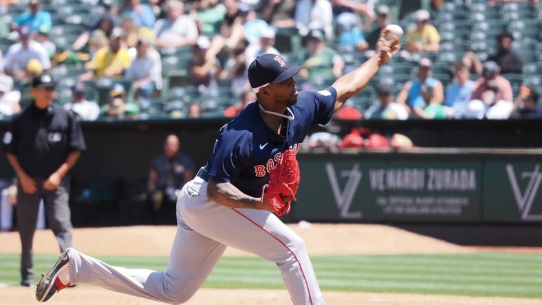 Jul 19, 2023; Oakland, California, USA; Boston Red Sox relief pitcher Joely Rodriguez (57) pitches the ball against the Oakland Athletics during the fifth inning at Oakland-Alameda County Coliseum. Mandatory Credit: Kelley L Cox-USA TODAY Sports