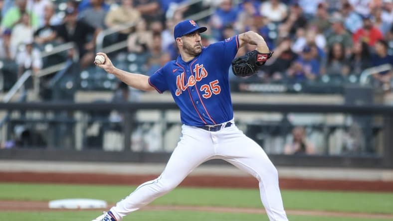 Jul 19, 2023; New York City, New York, USA; New York Mets starting pitcher Justin Verlander (35) pitches in the first inning against the Chicago White Sox at Citi Field. Mandatory Credit: Wendell Cruz-USA TODAY Sports
