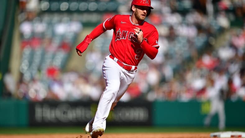 Jul 19, 2023; Anaheim, California, USA; Los Angeles Angels left fielder Taylor Ward (3) runs to third against the New York Yankees during the third inning at Angel Stadium. Mandatory Credit: Gary A. Vasquez-USA TODAY Sports