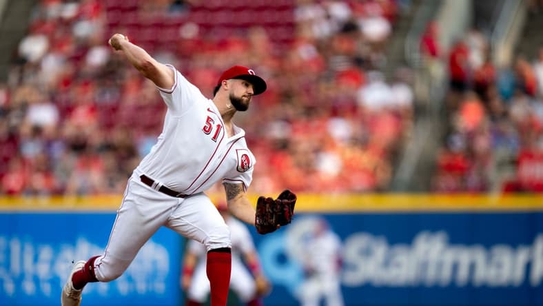 Cincinnati Reds starting pitcher Graham Ashcraft (51) pitches in the first inning of the baseball game between the Cincinnati Reds and San Francisco Giants at Great American Ball Park in Cincinnati on Wednesday, July 19, 2023.