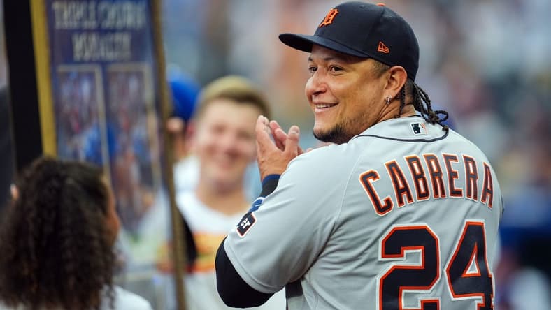 Jul 19, 2023; Kansas City, Missouri, USA; Detroit Tigers designated hitter Miguel Cabrera (24) is honored prior to a game against the Kansas City Royals at Kauffman Stadium. Mandatory Credit: Jay Biggerstaff-USA TODAY Sports
