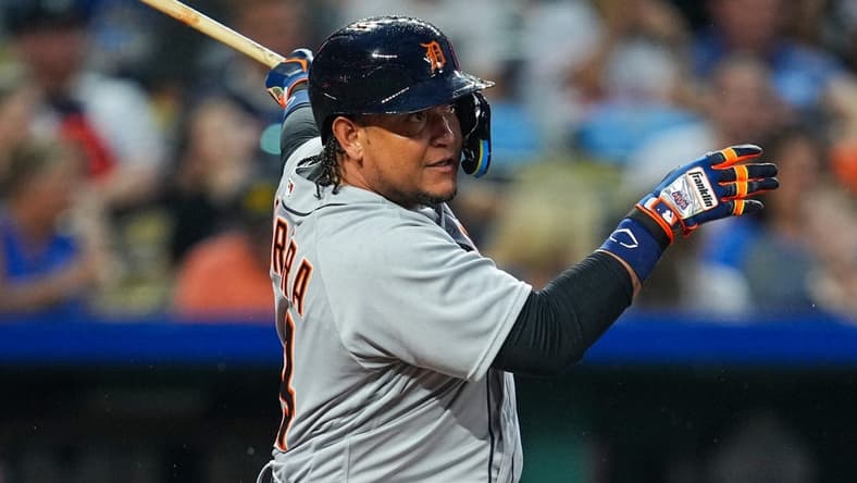 Jul 19, 2023; Kansas City, Missouri, USA; Detroit Tigers designated hitter Miguel Cabrera (24) hits an RBI single during the sixth inning against the Kansas City Royals at Kauffman Stadium. Mandatory Credit: Jay Biggerstaff-USA TODAY Sports