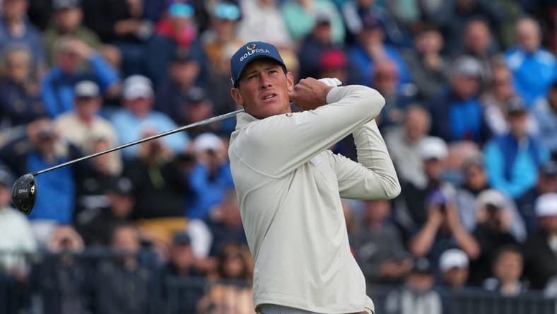 July 20, 2023; Hoylake, ENGLAND, GBR; Christo Lamprecht plays his shot from the fourth tee during the first round of The Open Championship golf tournament at Royal Liverpool. Mandatory Credit: Kyle Terada-USA TODAY Sports