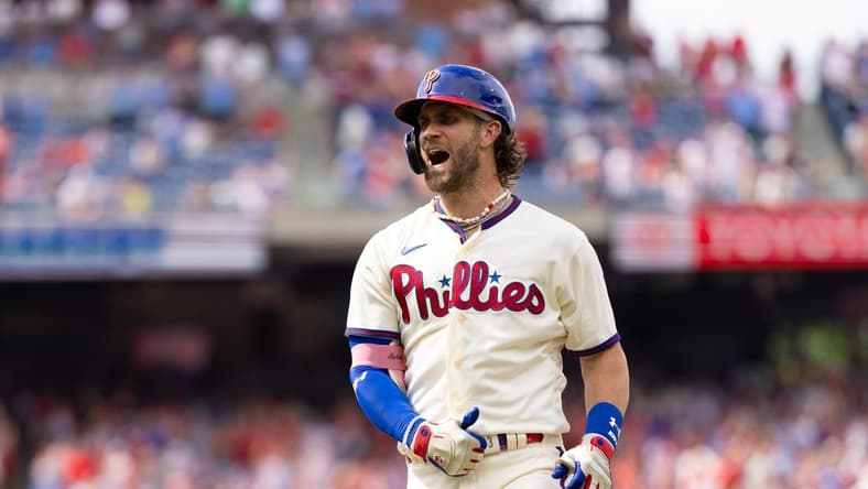 Jul 15, 2023; Philadelphia, Pennsylvania, USA; Philadelphia Phillies designated hitter Bryce Harper (3) reacts to his RBI single against the San Diego Padres at Citizens Bank Park. Mandatory Credit: Bill Streicher-USA TODAY Sports