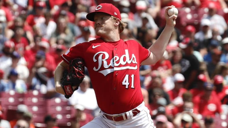 Jul 20, 2023; Cincinnati, Ohio, USA; Cincinnati Reds starting pitcher Andrew Abbott (41) throws against the San Francisco Giants during the first inning at Great American Ball Park. Mandatory Credit: David Kohl-USA TODAY Sports