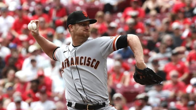 Jul 20, 2023; Cincinnati, Ohio, USA; San Francisco Giants starting pitcher Alex Cobb (38) throws against the Cincinnati Reds during the first inning at Great American Ball Park. Mandatory Credit: David Kohl-USA TODAY Sports