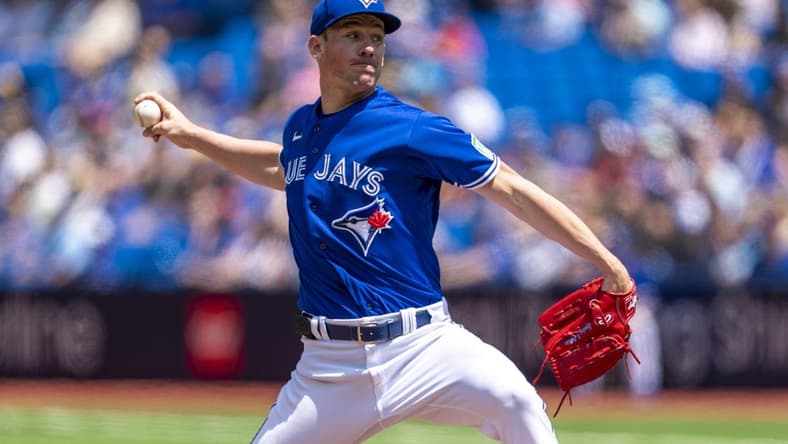 Jul 20, 2023; Toronto, Ontario, CAN; Toronto Blue Jays starting pitcher Chris Bassitt (40) pitches to the San Diego Padres during the first inning at Rogers Centre. Mandatory Credit: Kevin Sousa-USA TODAY Sports