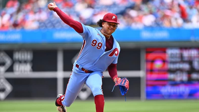 Jul 20, 2023; Philadelphia, Pennsylvania, USA; Philadelphia Phillies starting pitcher Taijuan Walker (99) throws a pitch against the Milwaukee Brewers in the fifth inning at Citizens Bank Park. Mandatory Credit: Kyle Ross-USA TODAY Sports
