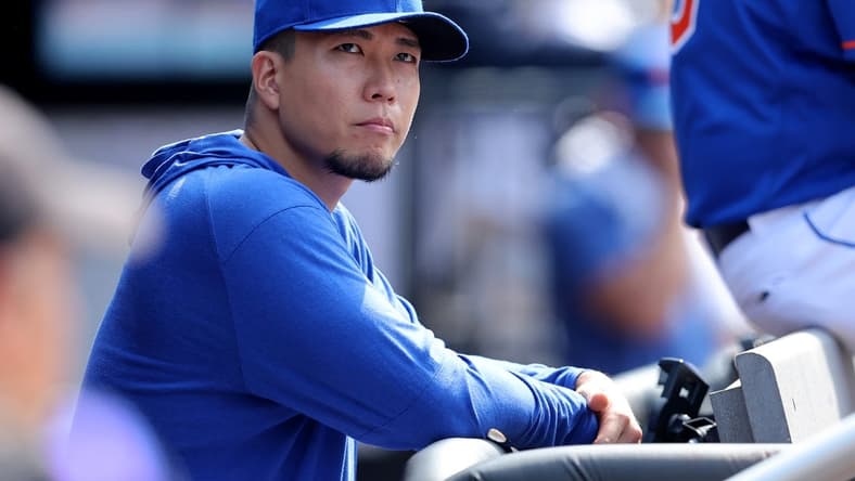 Jul 20, 2023; New York City, New York, USA; New York Mets starting pitcher Kodai Senga (34) watches from the dugout during the ninth inning against the Chicago White Sox at Citi Field. Mandatory Credit: Brad Penner-USA TODAY Sports