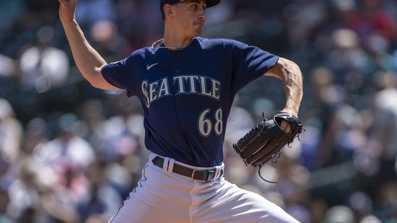 Jul 20, 2023; Seattle, Washington, USA; Seattle Mariners starting pitcher George Kirby (68) delivers a pitch during the first inning against the Minnesota Twins at T-Mobile Park. Mandatory Credit: Stephen Brashear-USA TODAY Sports