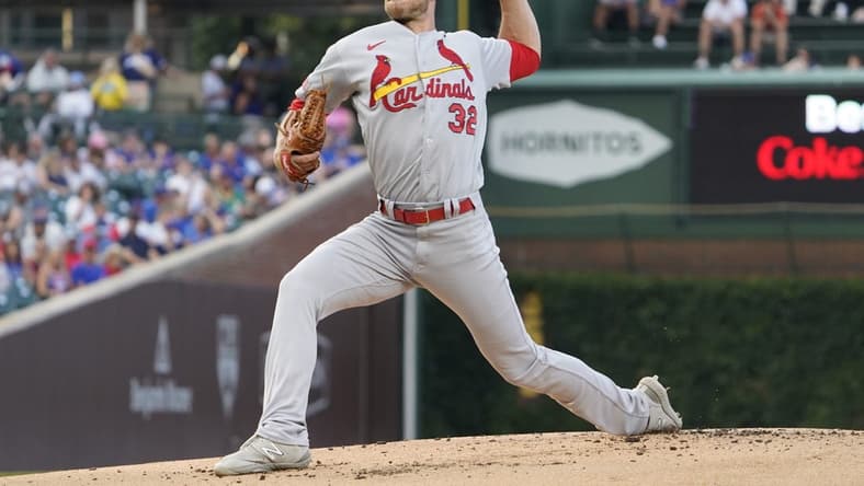 Jul 20, 2023; Chicago, Illinois, USA; St. Louis Cardinals starting pitcher Steven Matz (32) throws the ball against the Chicago Cubs during the first inning at Wrigley Field. Mandatory Credit: David Banks-USA TODAY Sports