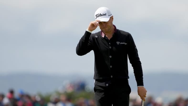 July 21, 2023; Hoylake, ENGLAND, GBR; Justin Thomas reacts after a putt on the seventh hole during the second round of The Open Championship golf tournament at Royal Liverpool. Mandatory Credit: Kyle Terada-USA TODAY Sports