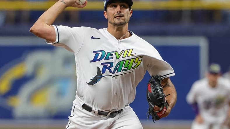 Jul 21, 2023; St. Petersburg, Florida, USA; Tampa Bay Rays starting pitcher Zach Eflin (24) throws a pitch during the first inning against the Baltimore Orioles at Tropicana Field. Mandatory Credit: Mike Watters-USA TODAY Sports