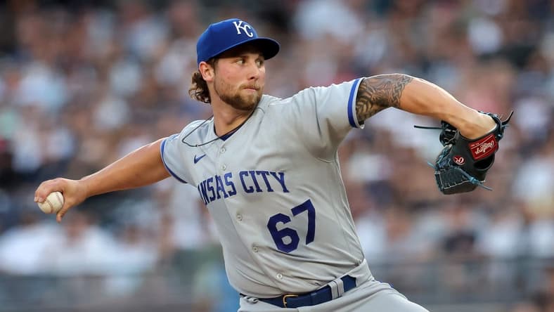 Jul 21, 2023; Bronx, New York, USA; Kansas City Royals starting pitcher Alec Marsh (67) pitches against the New York Yankees during the first inning at Yankee Stadium. Mandatory Credit: Brad Penner-USA TODAY Sports