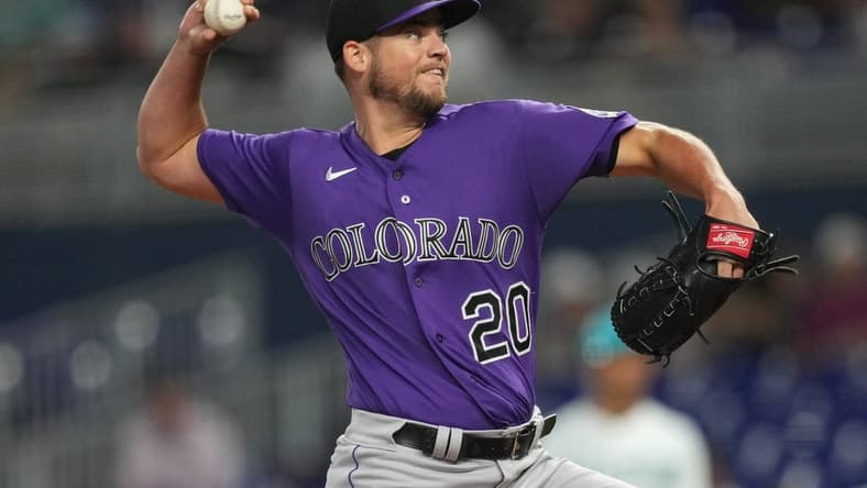Jul 21, 2023; Miami, Florida, USA;  Colorado Rockies pitcher Peter Lambert (20) pitches against the Miami Marlins in the first inning at loanDepot Park. Mandatory Credit: Jim Rassol-USA TODAY Sports