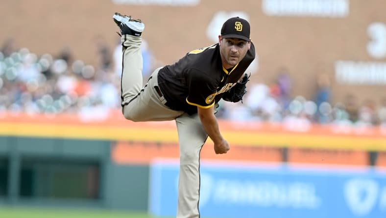 Jul 21, 2023; Detroit, Michigan, USA; San Diego Padres starting pitcher Seth Lugo (67) throws a pitch against the Detroit Tigers in the second inning at Comerica Park. Mandatory Credit: Lon Horwedel-USA TODAY Sports