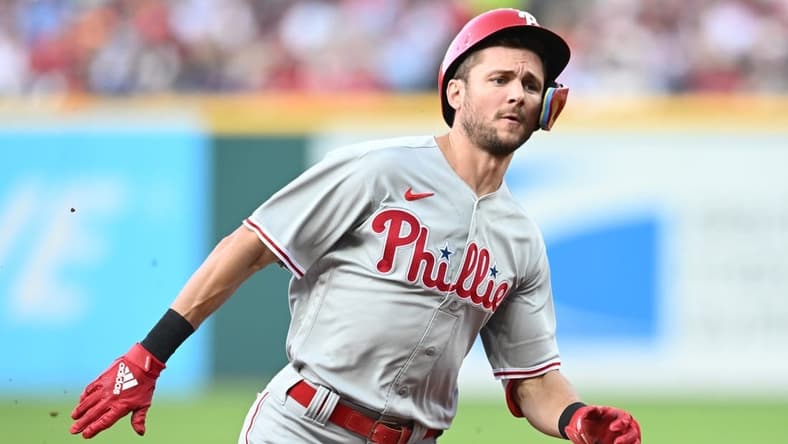 Jul 21, 2023; Cleveland, Ohio, USA; Philadelphia Phillies shortstop Trea Turner (7) rounds second base en route to a triple during the third inning against the Cleveland Guardians at Progressive Field. Mandatory Credit: Ken Blaze-USA TODAY Sports