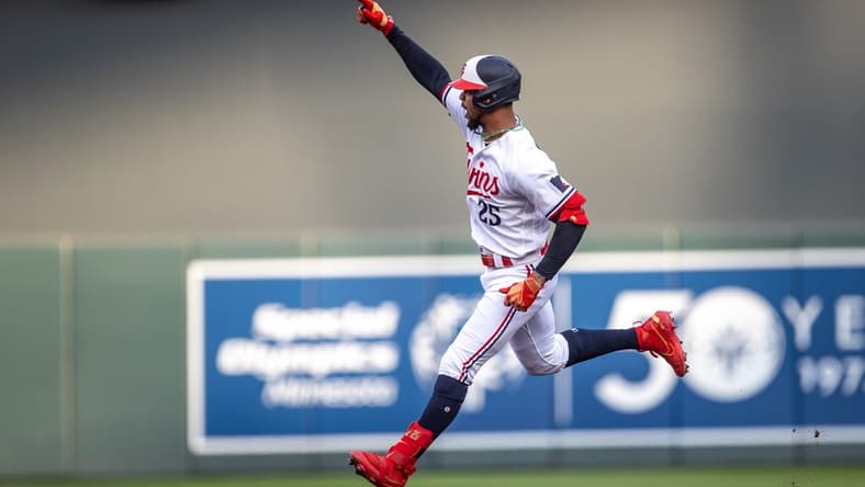 Jul 21, 2023; Minneapolis, Minnesota, USA; Minnesota Twins designated hitter Byron Buxton (25) celebrates hitting a three-run home run against the Chicago White Sox in the first inning at Target Field. Mandatory Credit: Jesse Johnson-USA TODAY Sports