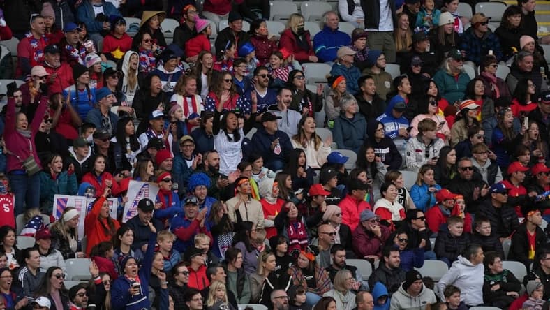 Jul 22, 2023; Auckland, NZL; USA fans cheer in the first half of a group stage match against Vietnam in the 2023 FIFA Women's World Cup at Eden Park. Mandatory Credit: Jenna Watson-USA TODAY Sports