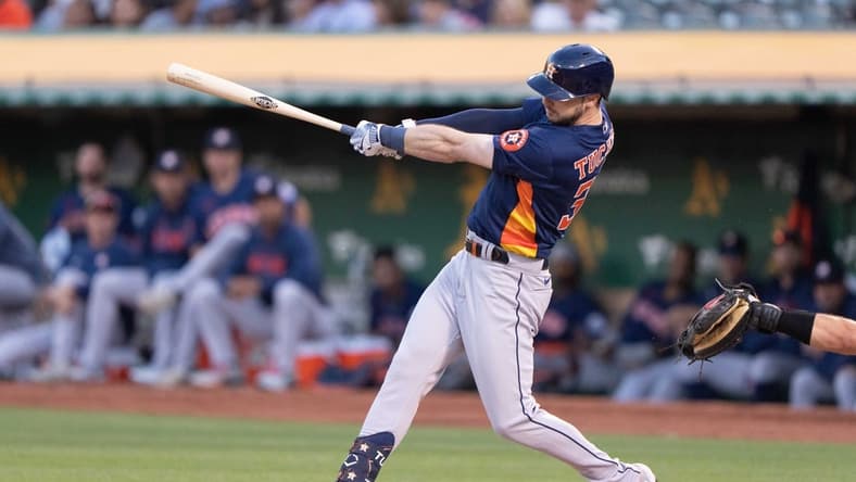 Jul 21, 2023; Oakland, California, USA; Houston Astros right fielder Kyle Tucker (30) hits a two run home run during the fifth inning against the Oakland Athletics at Oakland-Alameda County Coliseum. Mandatory Credit: Stan Szeto-USA TODAY Sports