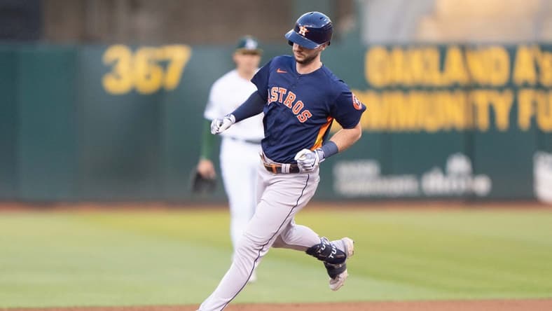 Jul 21, 2023; Oakland, California, USA; Houston Astros right fielder Kyle Tucker (30) run the bases after hitting a two run home run during the fifth inning against the Oakland Athletics at Oakland-Alameda County Coliseum. Mandatory Credit: Stan Szeto-USA TODAY Sports