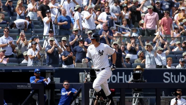 Jul 22, 2023; Bronx, New York, USA; New York Yankees third baseman DJ LeMahieu (26) rounds the bases after hitting a solo home run against the Kansas City Royals during the seventh inning at Yankee Stadium. Mandatory Credit: Brad Penner-USA TODAY Sports