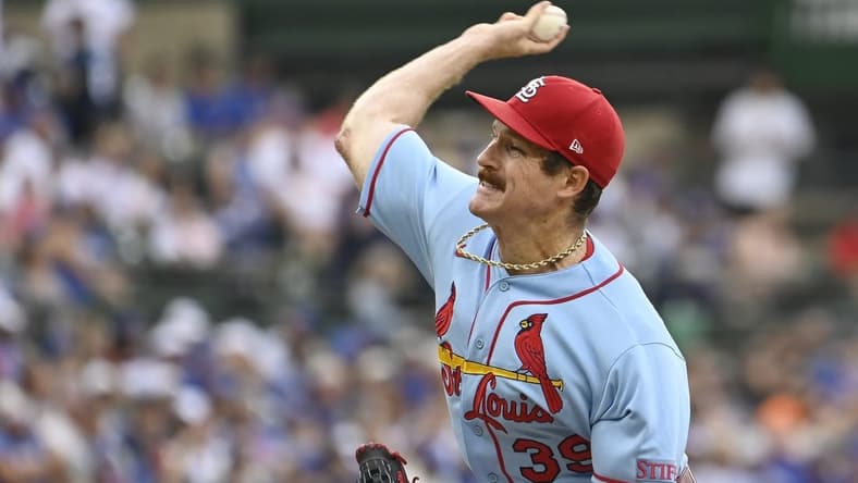 Jul 22, 2023; Chicago, Illinois, USA; St. Louis Cardinals starting pitcher Miles Mikolas (39) pitches against the Chicago Cubs during the first inning at Wrigley Field. Mandatory Credit: Matt Marton-USA TODAY Sports