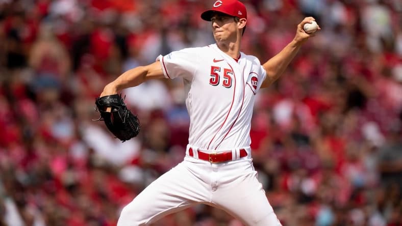 Cincinnati Reds starting pitcher Brandon Williamson (55) delivers a pitch in the first inning of the MLB baseball game between the Cincinnati Reds and the Arizona Diamondbacks at Great American Ball Park in Cincinnati on Saturday, July 22, 2023.