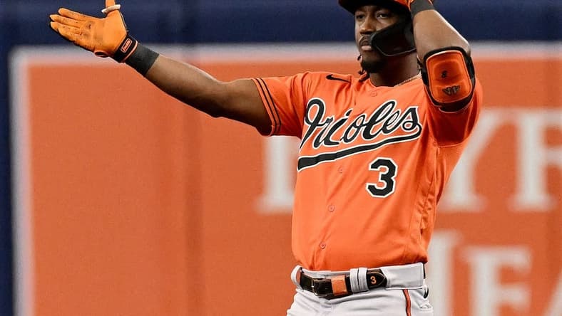 Jul 22, 2023; St. Petersburg, Florida, USA; Baltimore Orioles short stop Jorge Mateo (3) celebrates after hitting a two run double in the fourth inning against the Tampa Bay Rays at Tropicana Field. Mandatory Credit: Jonathan Dyer-USA TODAY Sports