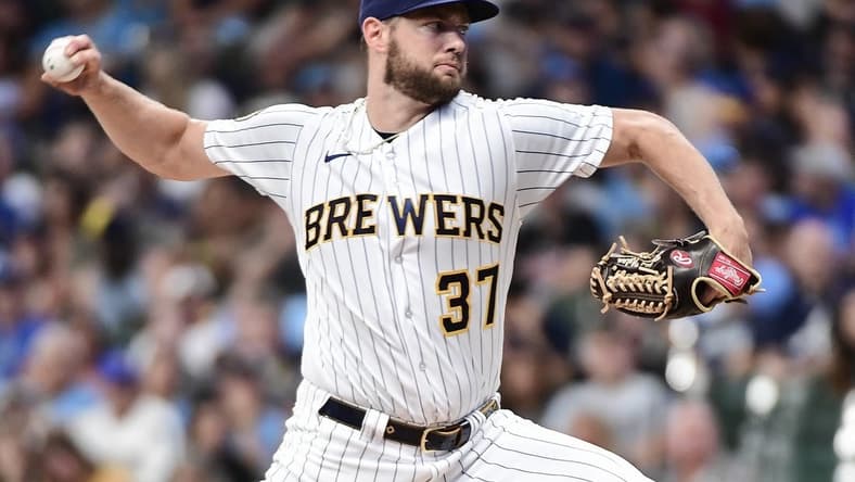 Jul 22, 2023; Milwaukee, Wisconsin, USA; Milwaukee Brewers pitcher Adrian Houser (37) pitches against the Atlanta Braves in the first inning at American Family Field. Mandatory Credit: Benny Sieu-USA TODAY Sports