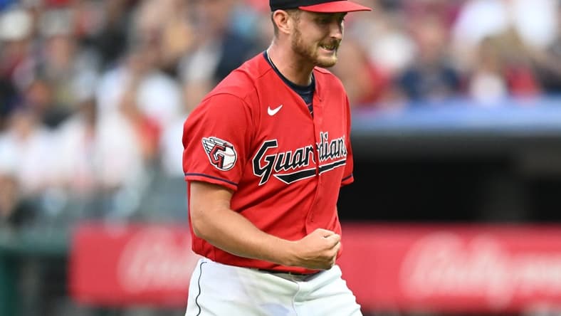 Jul 22, 2023; Cleveland, Ohio, USA; Cleveland Guardians starting pitcher Tanner Bibee (61) celebrates after striking out Philadelphia Phillies right fielder Nick Castellanos (not pictured) during the sixth inning at Progressive Field. Mandatory Credit: Ken Blaze-USA TODAY Sports