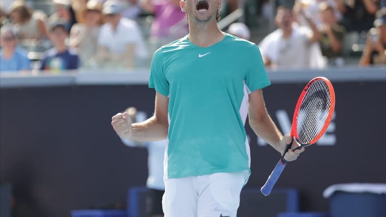 Jul 22, 2023; Los Angeles, CA, USA;  Taylor Fritz wins the match against Diego Schwartzman at the Ultimate Tennis Showdown at Dignity Health Sports Park. Mandatory Credit: Yannick Peterhans-USA TODAY Sports