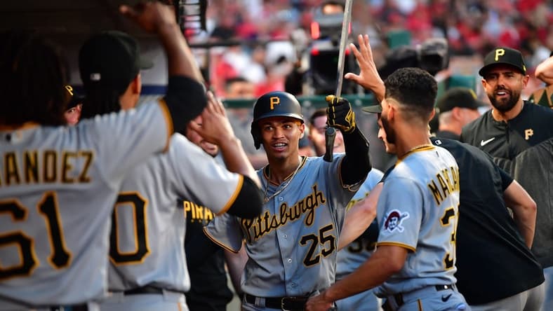 Jul 22, 2023; Anaheim, California, USA; Pittsburgh Pirates catcher Endy Rodriguez (25) celebrates after hitting a solo home run against the Los Angeles Angels during the sixth inning at Angel Stadium. Mandatory Credit: Gary A. Vasquez-USA TODAY Sports