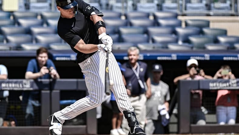 Jul 23, 2023; Bronx, New York, USA; New York Yankees right fielder Aaron Judge (99) takes batting practice with live pitching prior to the MLB game against the Kansas City Royals at Yankee Stadium. Mandatory Credit: John Jones-USA TODAY Sports