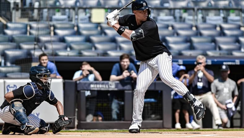Jul 23, 2023; Bronx, New York, USA; New York Yankees right fielder Aaron Judge (99) takes batting practice with live pitching prior to the MLB game against the Kansas City Royals at Yankee Stadium. Mandatory Credit: John Jones-USA TODAY Sports