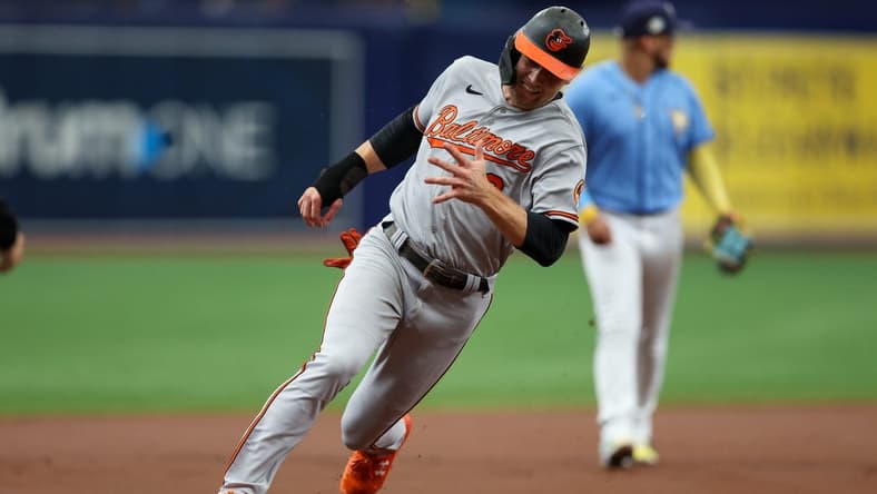 Jul 23, 2023; St. Petersburg, Florida, USA;  Baltimore Orioles third baseman Gunnar Henderson (2) rounds this base to score  Arun against the Tampa Bay Rays in the first inning at Tropicana Field. Mandatory Credit: Nathan Ray Seebeck-USA TODAY Sports