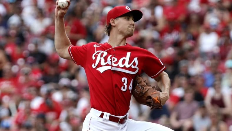 Jul 23, 2023; Cincinnati, Ohio, USA; Cincinnati Reds starting pitcher Luke Weaver (34) throws against the Arizona Diamondbacks during the first inning at Great American Ball Park. Mandatory Credit: David Kohl-USA TODAY Sports