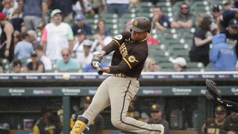 Jul 23, 2023; Detroit, Michigan, USA; San Diego Padres outfielder Juan Soto (22) bats during the ninth inning at Comerica Park. Mandatory Credit: Brian Bradshaw Sevald-USA TODAY Sports