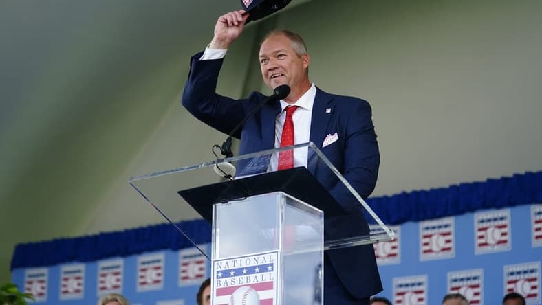 Jul 23, 2023; Cooperstown, NY, USA; Hall of Fame Inductee Scott Rolen makes his acceptance speech during the National Baseball Hall of Fame Induction Ceremony. Mandatory Credit: Gregory Fisher-USA TODAY Sports
