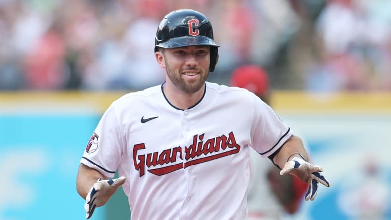 Jul 23, 2023; Cleveland, Ohio, USA; Cleveland Guardians catcher David Fry (12) rounds the bases after hitting a home run during the ninth inning against the Philadelphia Phillies at Progressive Field. Mandatory Credit: Ken Blaze-USA TODAY Sports