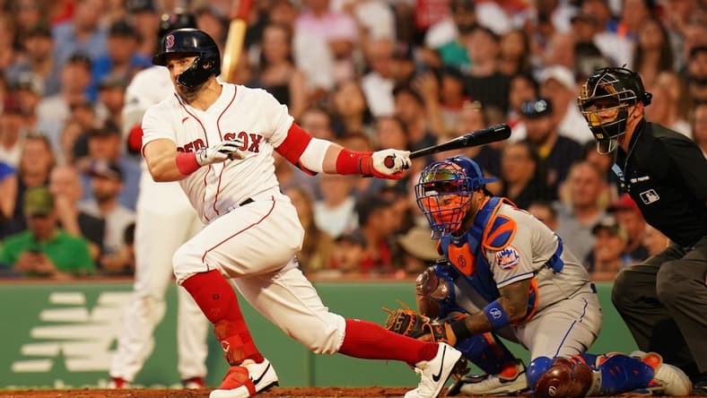 Jul 23, 2023; Boston, Massachusetts, USA; Boston Red Sox center fielder Adam Duvall (18) hits a double to left field to drive in a run against the New York Mets in the third inning at Fenway Park. Mandatory Credit: David Butler II-USA TODAY Sports