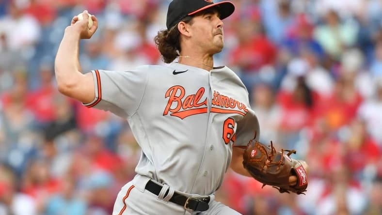 Jul 24, 2023; Philadelphia, Pennsylvania, USA; Baltimore Orioles starting pitcher Dean Kremer (64) throws a pitch during the first inning against the Philadelphia Phillies at Citizens Bank Park. Mandatory Credit: Eric Hartline-USA TODAY Sports