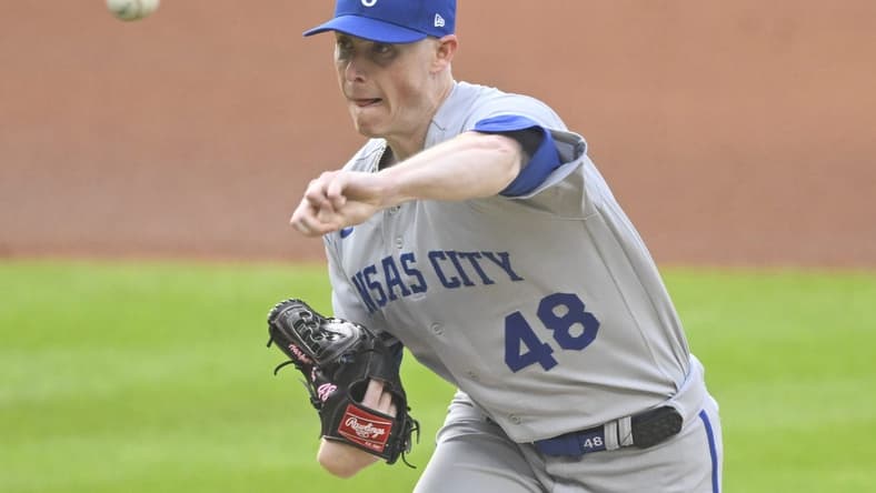 Jul 24, 2023; Cleveland, Ohio, USA; Kansas City Royals starting pitcher Ryan Yarbrough (48) delivers a pitch in the first inning against the Cleveland Guardians at Progressive Field. Mandatory Credit: David Richard-USA TODAY Sports