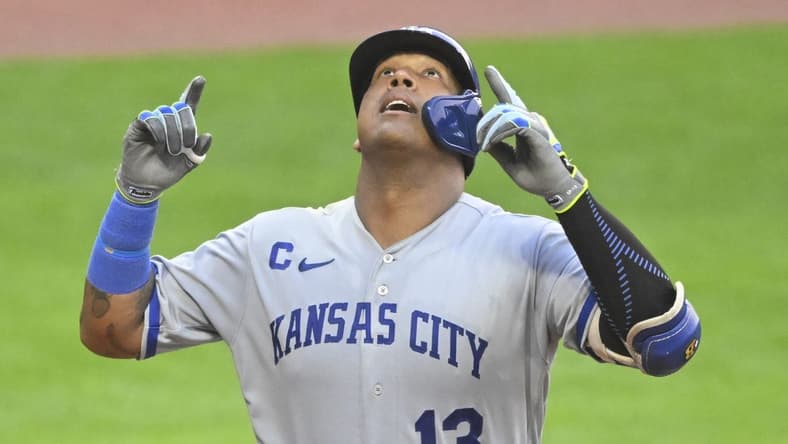 Jul 24, 2023; Cleveland, Ohio, USA; Kansas City Royals catcher Salvador Perez (13) celebrates his two-run home run in the fifth inning against the Cleveland Guardians at Progressive Field. Mandatory Credit: David Richard-USA TODAY Sports