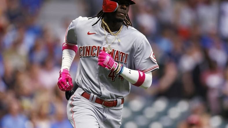 Jul 24, 2023; Milwaukee, Wisconsin, USA;  Cincinnati Reds shortstop Elly De La Cruz (44) rounds the bases after hitting a home run during the third inning against the Milwaukee Brewers at American Family Field. Mandatory Credit: Jeff Hanisch-USA TODAY Sports
