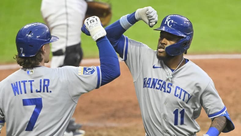 Jul 24, 2023; Cleveland, Ohio, USA; Kansas City Royals third baseman Maikel Garcia (11) celebrates his solo home run with shortstop Bobby Witt Jr. (7) in the seventh inning against the Cleveland Guardians at Progressive Field. Mandatory Credit: David Richard-USA TODAY Sports