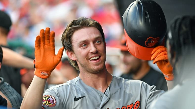 Jul 24, 2023; Philadelphia, Pennsylvania, USA; Baltimore Orioles second baseman Jordan Westburg (11) celebrates his home run during the second inning against the Philadelphia Phillies at Citizens Bank Park. Mandatory Credit: Eric Hartline-USA TODAY Sports